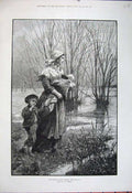 Old Antique Print 1881 Mother Children Waters Edge Trees Grass Fine Art 19th