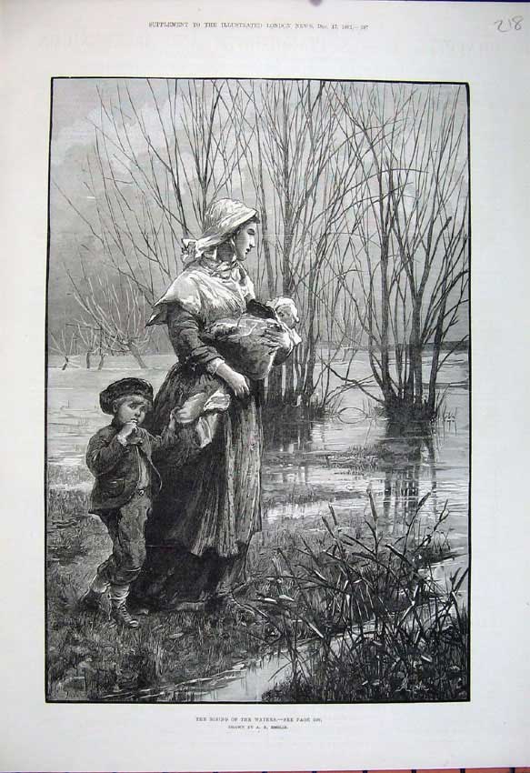 Old Antique Print 1881 Mother Children Waters Edge Trees Grass Fine Art 19th