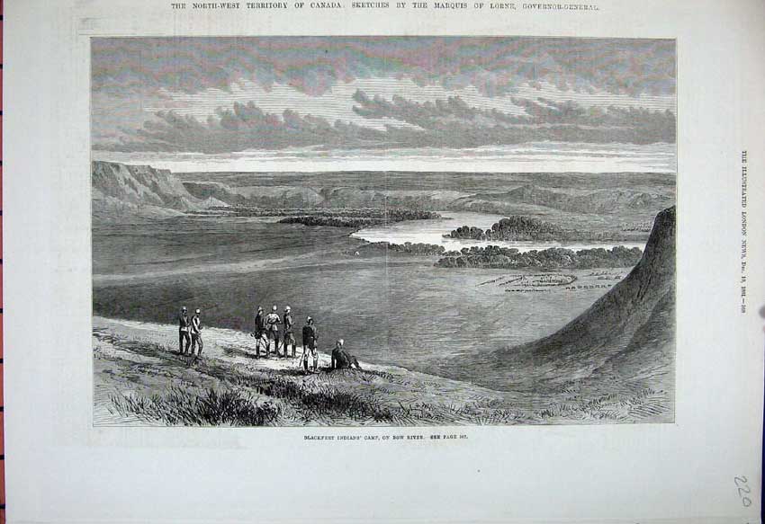 Original Old Antique Print 1881 Fine Art Blackfeet Indians Camp Bow River Siers
