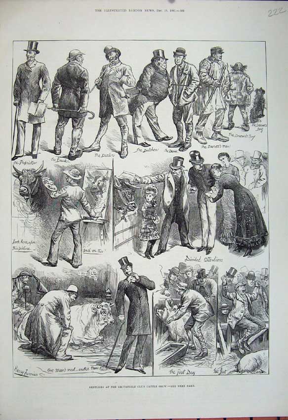 Original Old Antique Print 1881 Smithfield Club Cattle Show Butcher Man Breeder