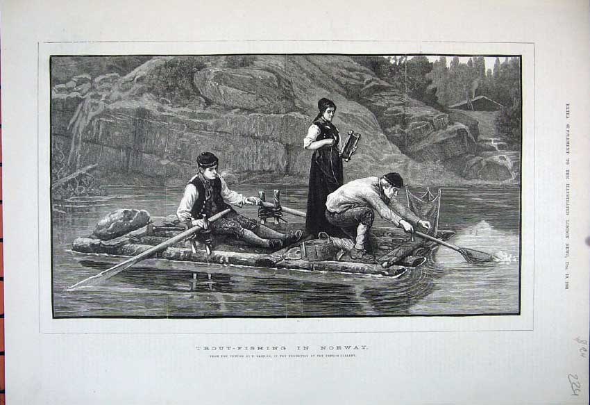 Original Old Antique Print 1881 Trout Fishing Norway River Boat Nets People Art