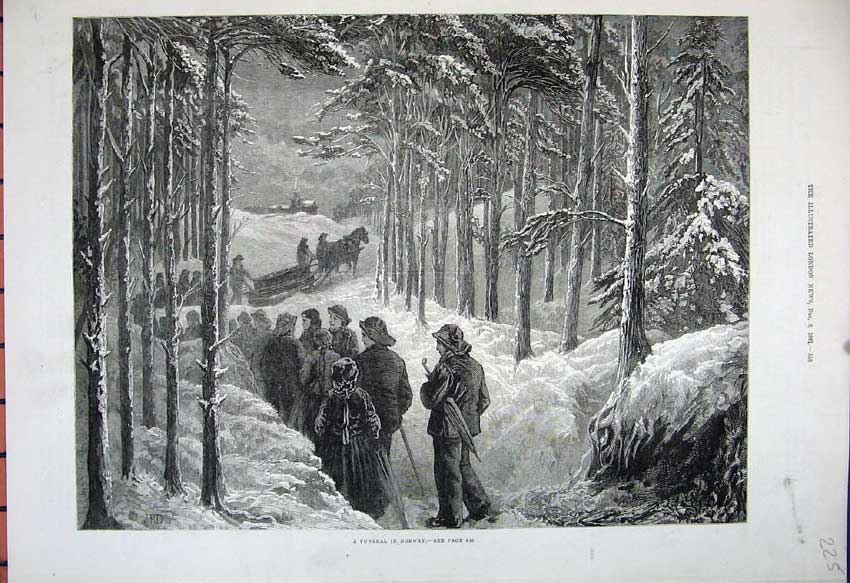 Original Old Antique Print 1881 Funeral Norway Horse Sledge Trees Snow Fine Art