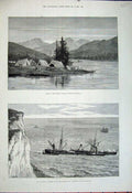 Old Antique Print 1881 Camp River Skeena British Columbia Flamingo Ship 19th