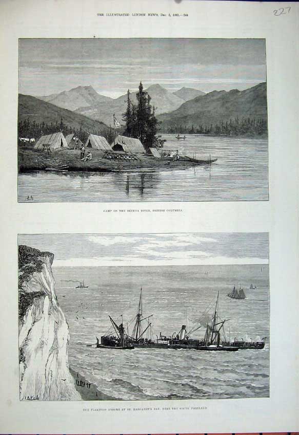 Old Antique Print 1881 Camp River Skeena British Columbia Flamingo Ship 19th