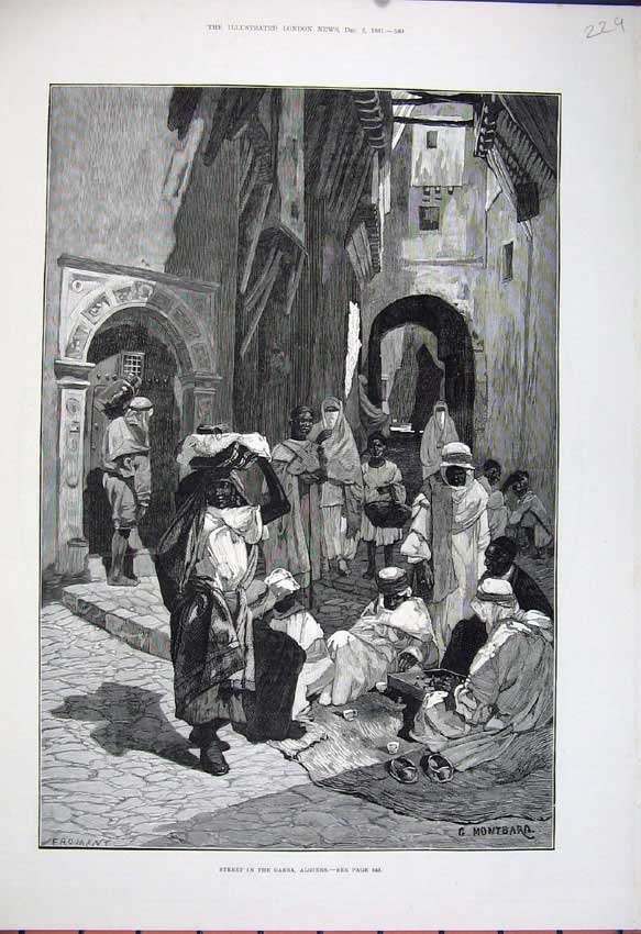 Old Antique Print 1881 Street Scene Casba Algiers Native People Montbard 19th
