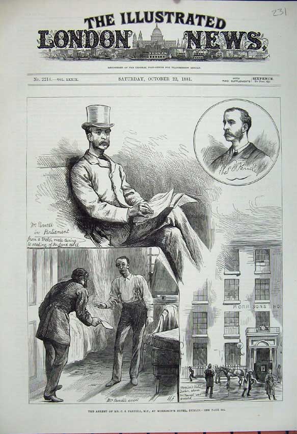 Old Antique Print 1881 Arrest Mr Parnell Morrison'S Hotel Dublin Ireland 19th