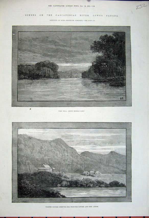 Old Antique Print 1881 Cascapediac River Canada Piko Hill Wooden Houses 19th