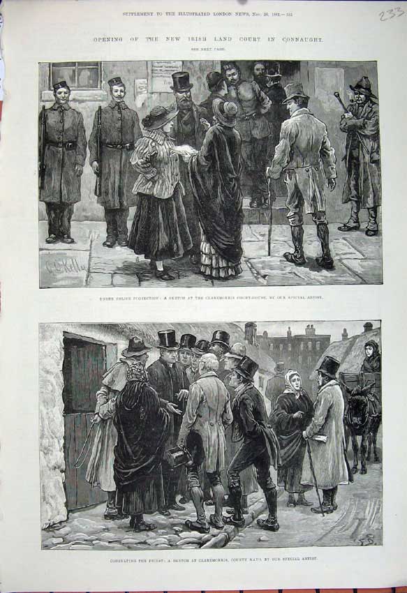 Original Old Antique Print 1881 Land Court Connaught Ireland Claremorris Mayo