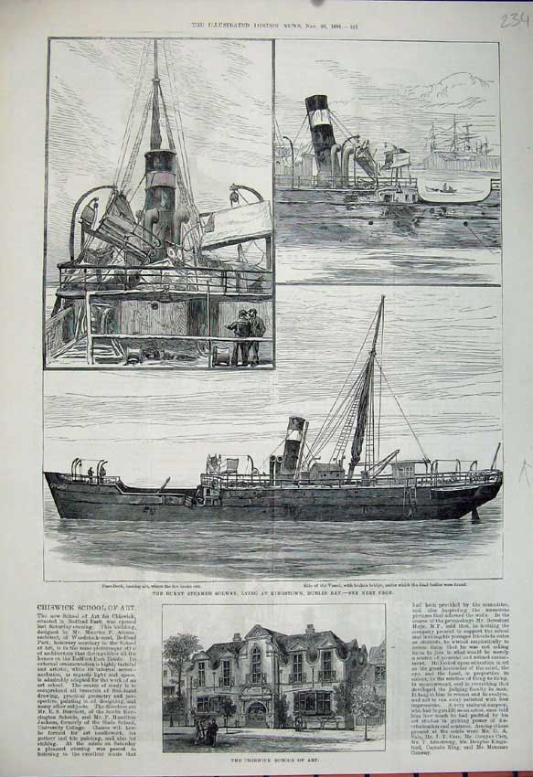 Old Antique Print 1881 Chiswick School Art Steamer Ship Solway Dublin Bay 19th