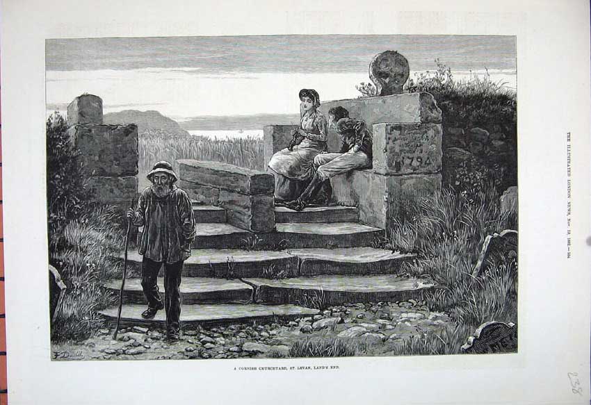 Original Old Antique Print 1881 Cornish Churchyard St Levan Land'S End Fine Art