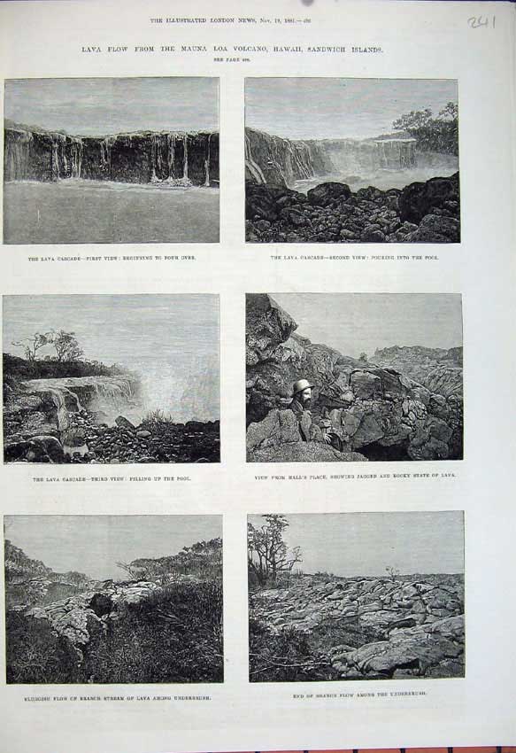 Old Antique Print Volcano 1881 Hawaii Sandwich Islands Lava Hall'S Place 19th
