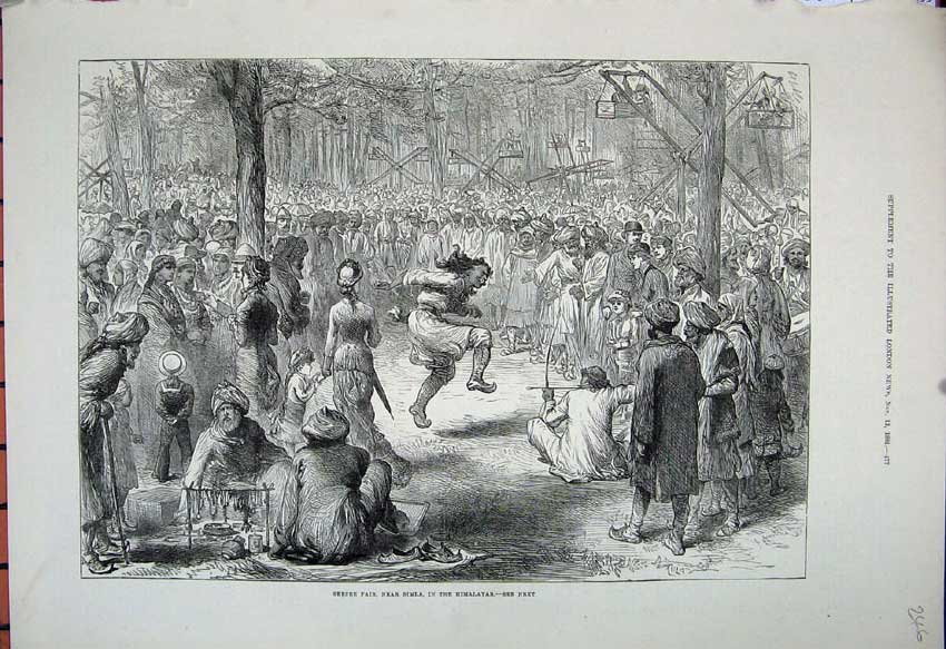 Original Old Antique Print 1881 Seepee Fair Simla Himalayas Natives Dancing