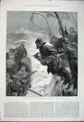 Original Old Antique Print 1881 Fine Art Stormy Sea Ship Wreck Life-Boat Rescue