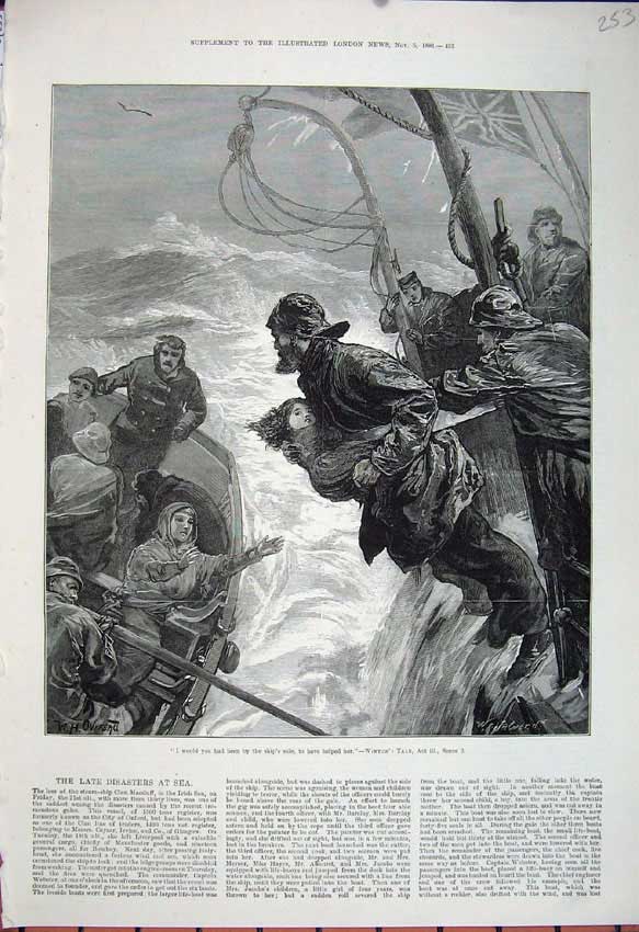 Original Old Antique Print 1881 Fine Art Stormy Sea Ship Wreck Life-Boat Rescue