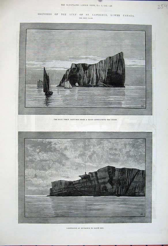 Old Antique Print 1881 Gulf Lawrence Canada Rock Perce Lighthouse Gaspe 19th