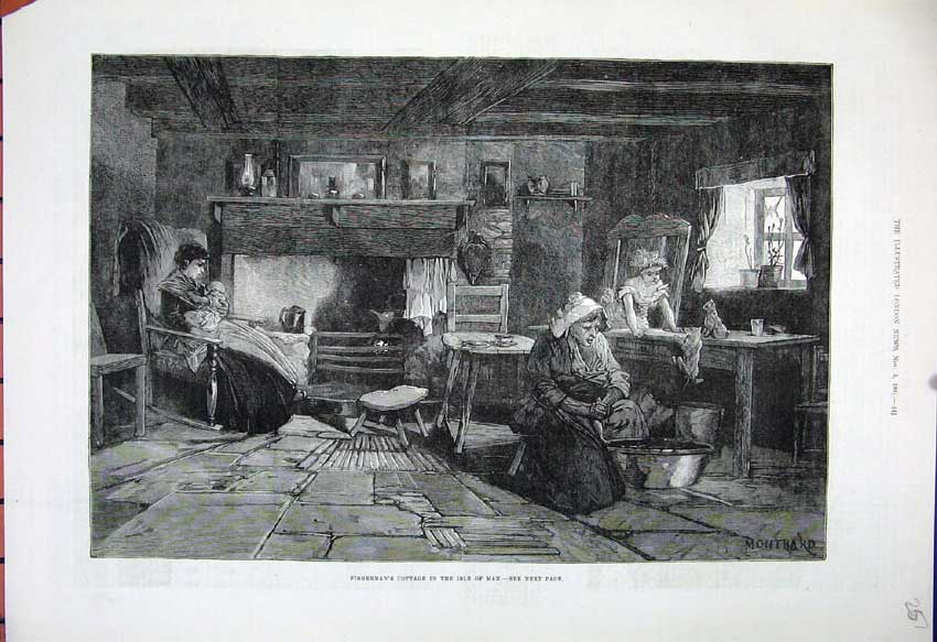 Original Old Antique Print 1881 Fishermans Cottage Isle Man Women Children Art