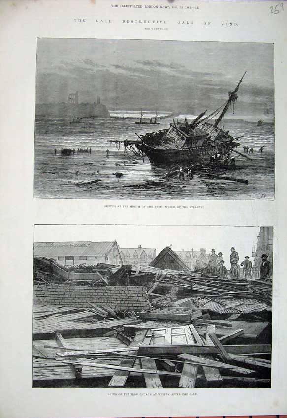 Old Antique Print 1881 Gale Storm Ship Wreck Atlantic Tyne Church Whitby 19th