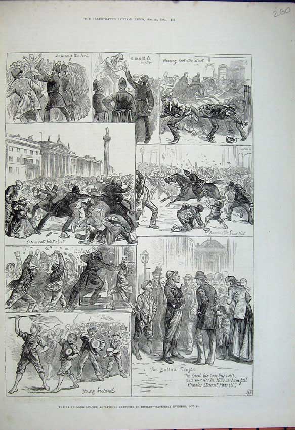 Original Old Antique Print 1881 Irish Land League Agitation Dublin Policemen