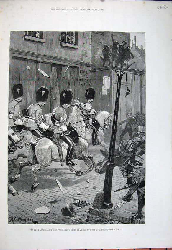 Original Old Antique Print 1881 Woodville Fine Art Scots Greys Horses Limerick