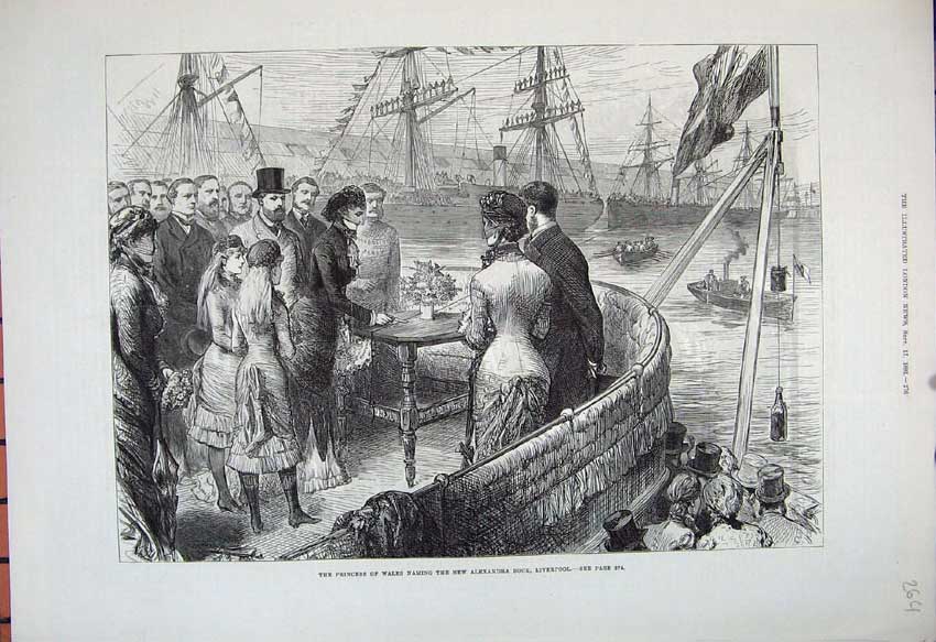 Old Antique Print 1881 Princess Wales Alexandra Dock Liverpool Ships Sea 19th
