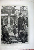 Original Old Antique Print 1881 Ship Victory Portsmouth Sailors Flowers Girls