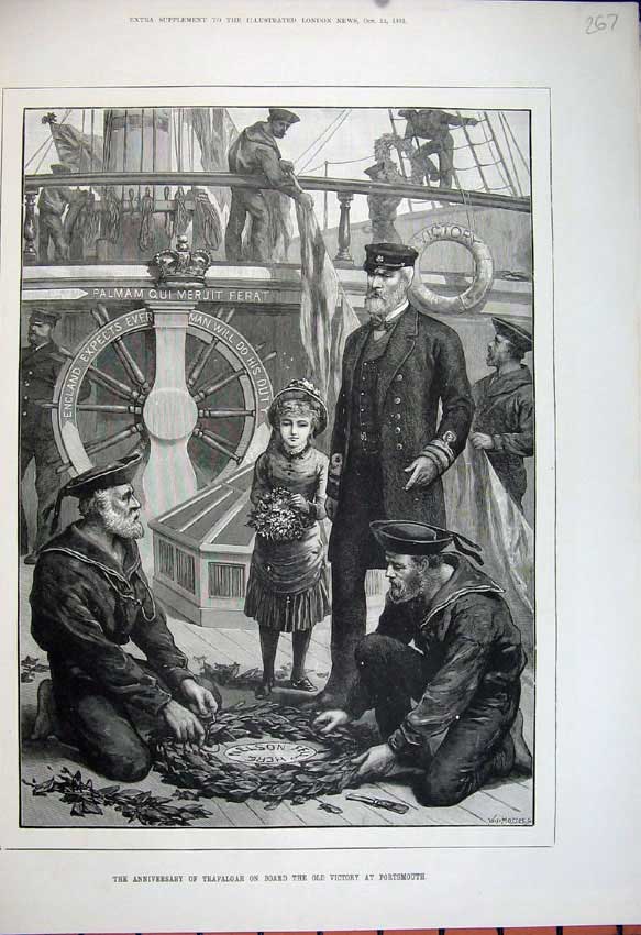 Original Old Antique Print 1881 Ship Victory Portsmouth Sailors Flowers Girls
