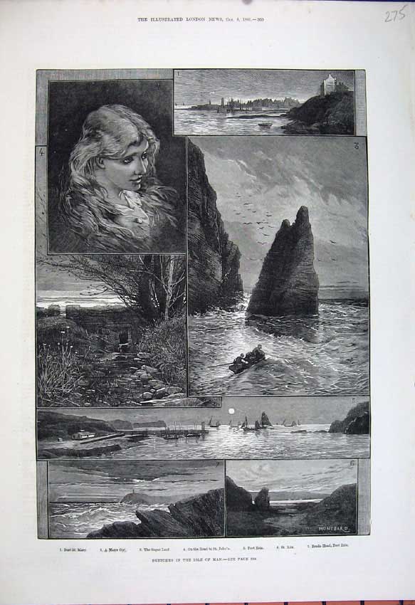 Original Old Antique Print 1881 Isle Man Port St Mary Manx Girl Erin Sugar Loaf
