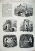 Old Antique Print 1881 Warkworth Gateway Castle Bridge Hermitage Chapel 19th