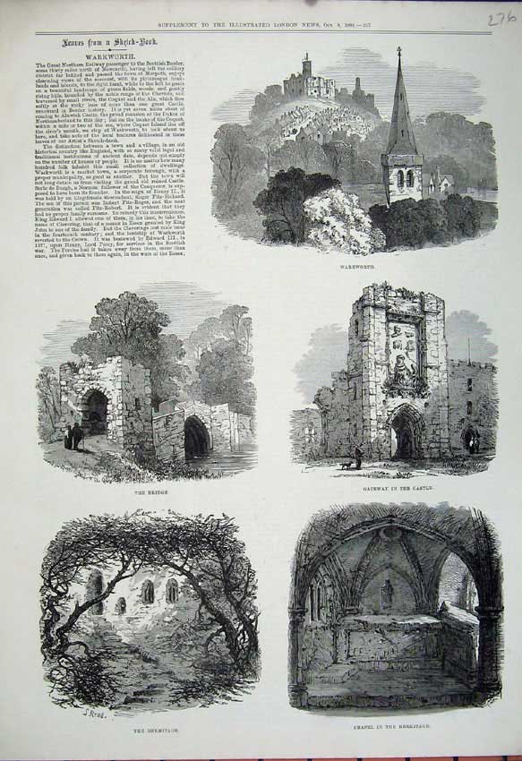 Old Antique Print 1881 Warkworth Gateway Castle Bridge Hermitage Chapel 19th