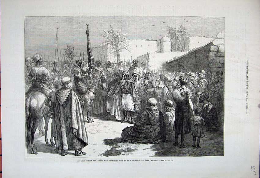 Old Antique Print 1881 Arab Chief Religious War Province Oran Algiers Art 19th