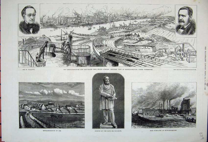 Original Old Antique Print 1881 Statue Bolckow Middlesbrough Mayor Furnaces Art