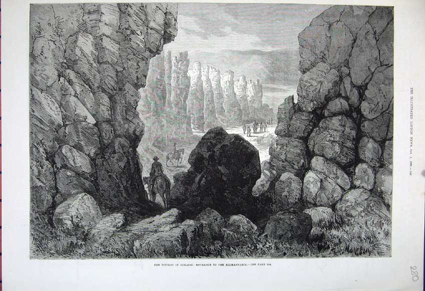 Old Antique Print Iceland 1881 Entrance Allmannagja Cliffs Rocks Fine Art 19th