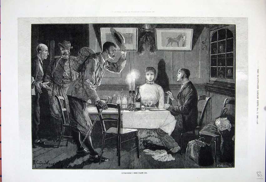 Original Old Antique Print 1881 Woodville Fine Art Men Woman Dinner Romance