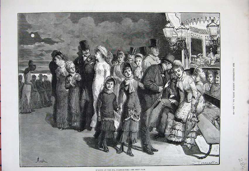 Old Antique Print 1881 Fine Art Families Spa Scarborough Moonlight Beach 19th