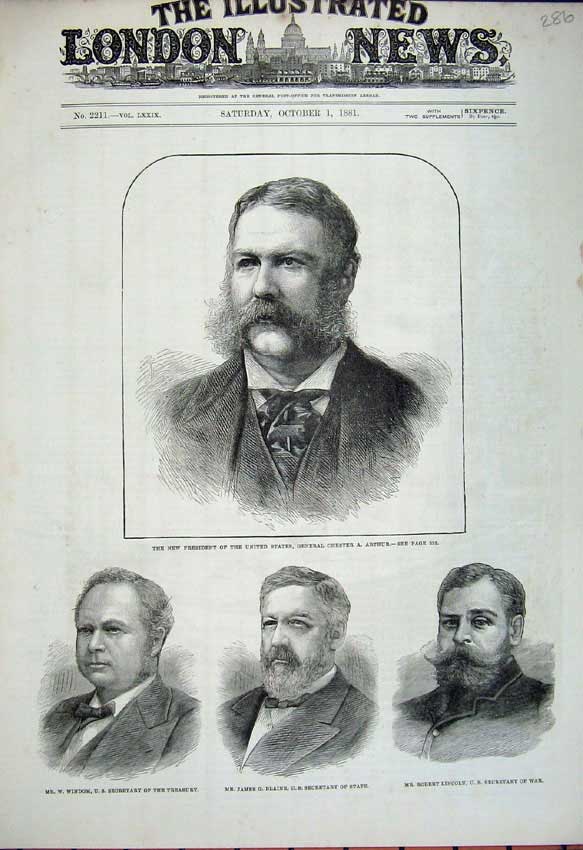 Original Old Antique Print 1881 General Chester President Windom Blaine Lincoln