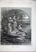 Old Antique Print 1881 Fine Art Women River Boat Picking Flowers Knowles 19th