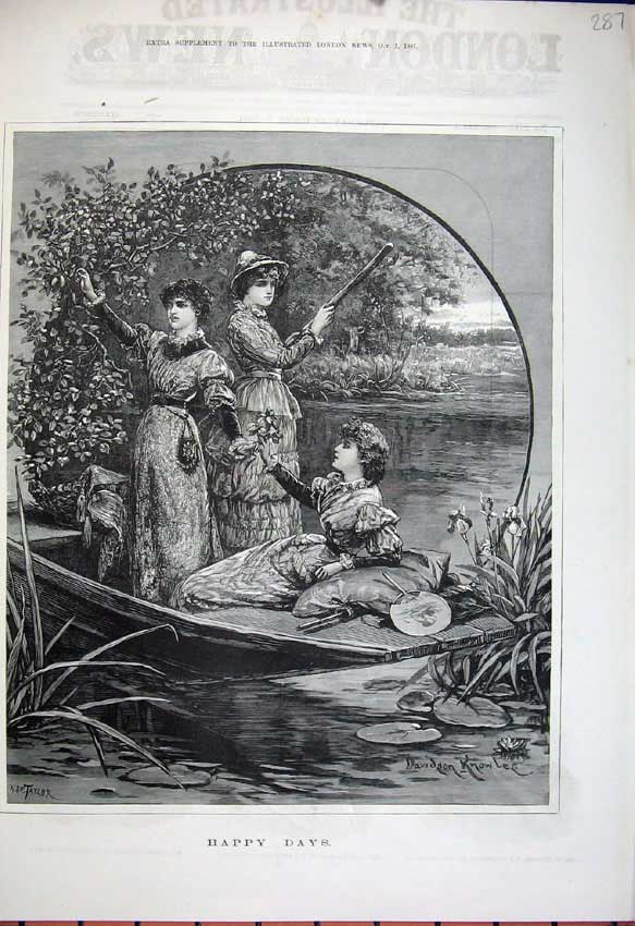 Old Antique Print 1881 Fine Art Women River Boat Picking Flowers Knowles 19th