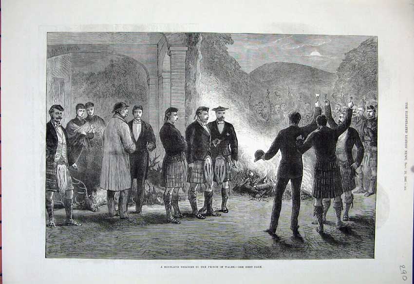 Original Old Antique Print Fine Art 1881 Prince Wales Scotland Kilts Camp Fire