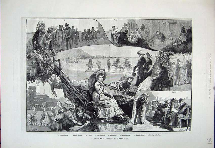 Original Old Antique Print 1881 Scarborough Sand-Castles Esplanade Children Art