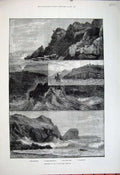 Old Antique Print 1881 Lizard Lloyd Signal Station Kynance Cove Sea Art 19th