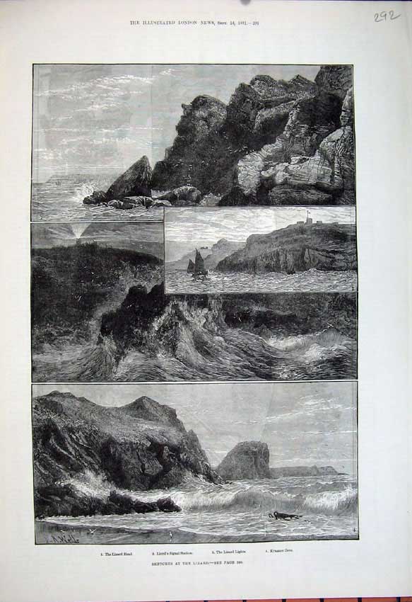 Old Antique Print 1881 Lizard Lloyd Signal Station Kynance Cove Sea Art 19th