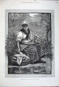 Old Antique Print 1881 Beautiful Woman Farming Basket Countr Trees Lake 19th