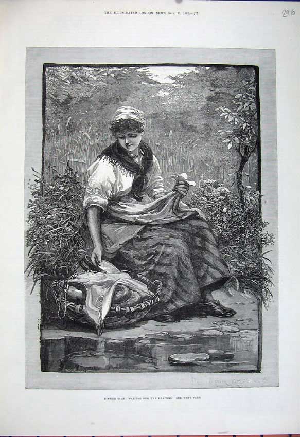 Old Antique Print 1881 Beautiful Woman Farming Basket Countr Trees Lake 19th