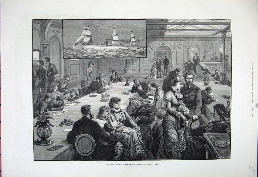 Original Old Antique Print 1881 Scene Saloon Steam Ship Quetta People Fine Art