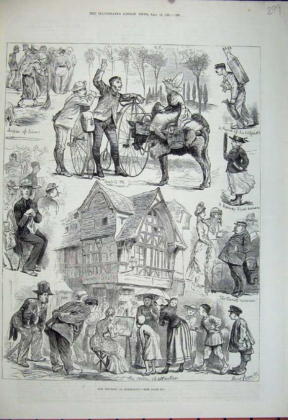 Original Old Antique Print 1881 Normandy France Donkey Penny Cycle People 19th