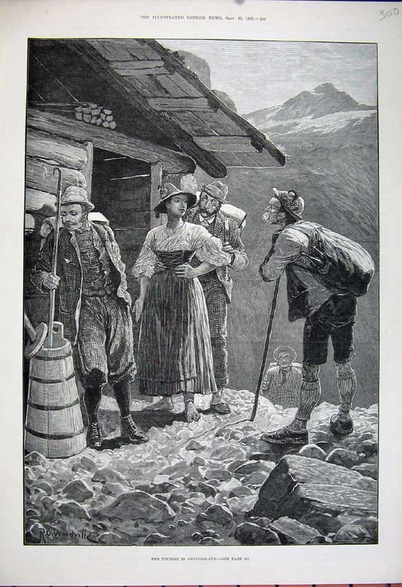 Original Old Antique Print 1881 Switzerland People Mountain Cabin Woodville Art