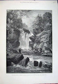 Original Old Antique Print 1881 River Falls Muick Ballater Scotland Man Fishing