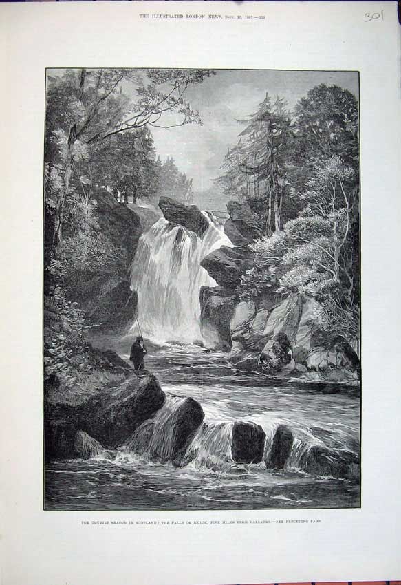 Original Old Antique Print 1881 River Falls Muick Ballater Scotland Man Fishing