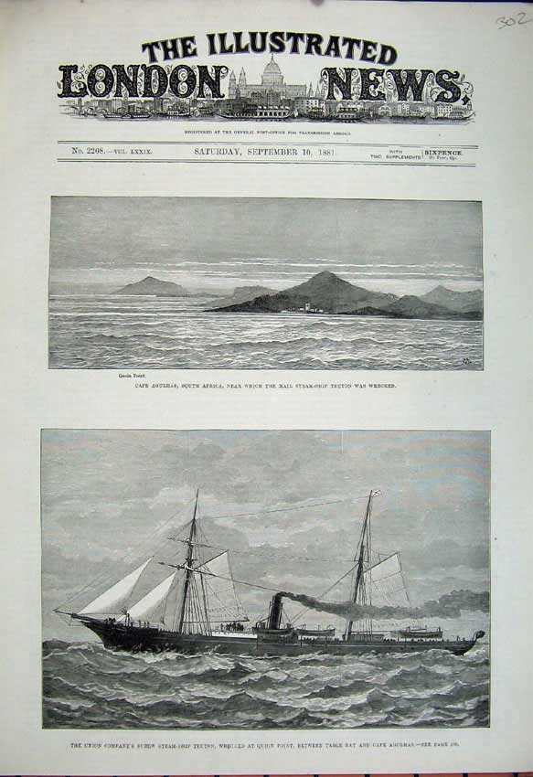 Original Old Antique Print 1881 Cape Agulhas Africa Steam Ship Teuton Table Bay