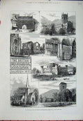 Old Antique Print 1881 Eastnor Castle Abbey Malvern Leahampton Church Art 19th
